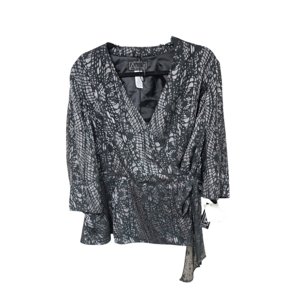 Alex Evening Black /Gray Side Tie Sheer Shell With Solid Black Lining Sx 1X NWT